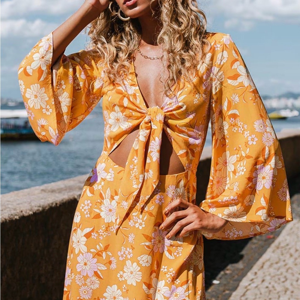 Cupshe Orange Floral Dress with Tie Detail Size M